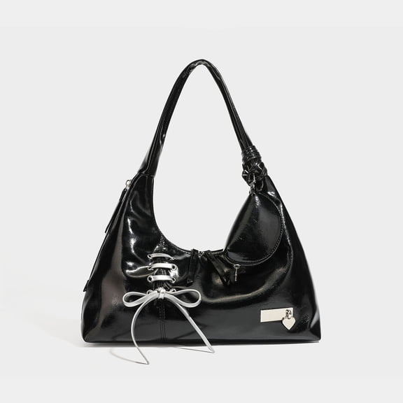 Alikpop Unisex PU Lace-Up Bow Hobo Shoulder Bag with Mini Coin Purse, Black