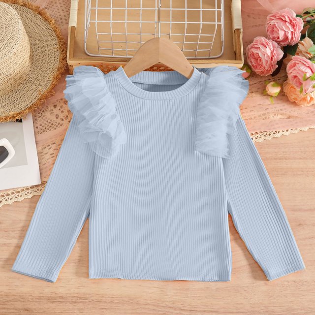 Cowsor Toddler Girl Shirts Ruffle Long Sleeve Baby Girl T-Shirts Kids Blouse, Ribbed Toddler Girl Tee Tops
