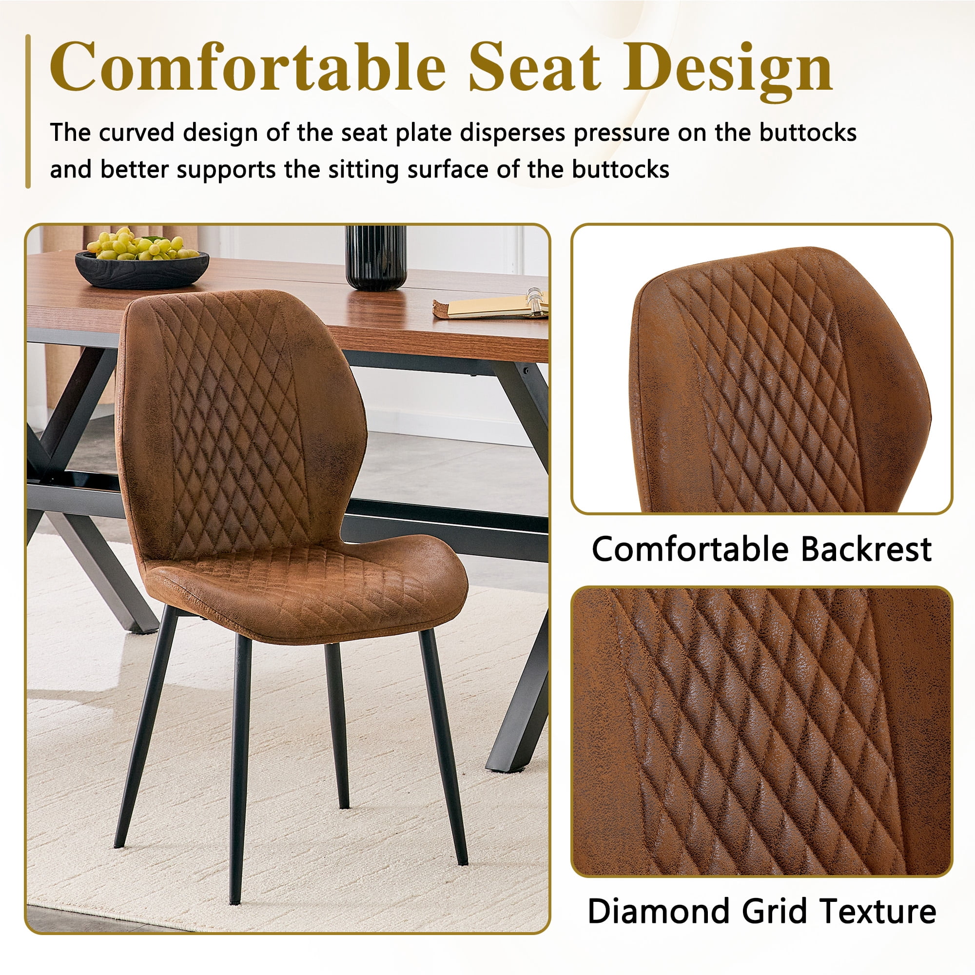 MOONMISS Dining Chairs Set of 4,Modern luxury Diamond-Quilted Technology Fabric chairs with black metal legs for Dining Room Living Room,Brown