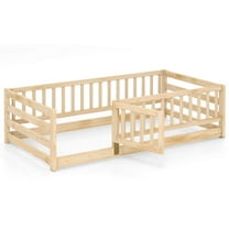 Infans Twin Size Floor Bed w/High Fence & Door Safety Guardrails Wood Floor Bed Frame
