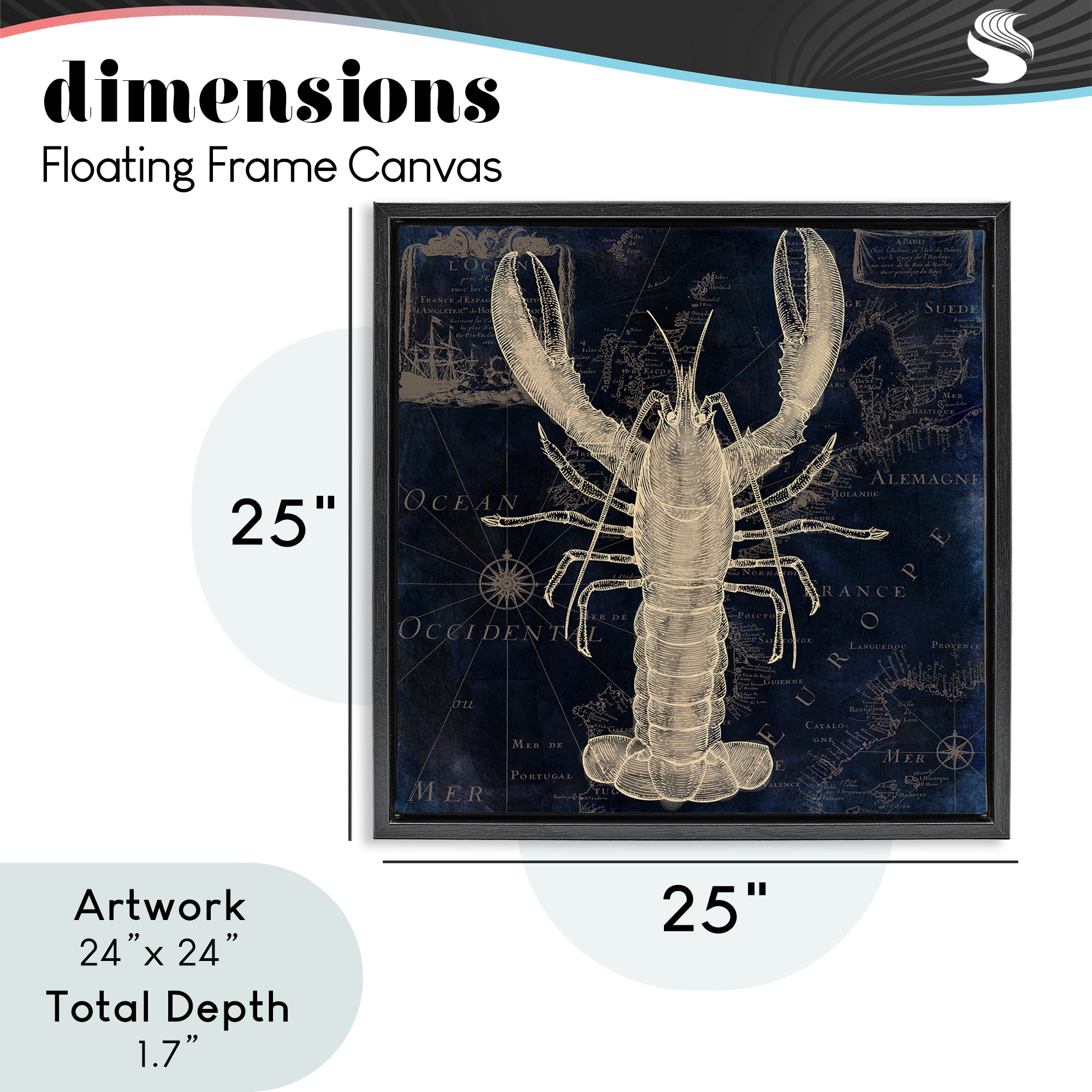 Lobster Contour over Map Black Framed Floater Canvas Wall Art, design by Sasha
