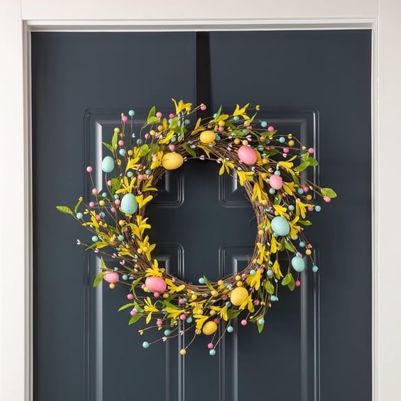 20 Inch Artificial Easter Wreath for Front Door Spring Easter Garland Wreath with Colorful Pastel Eggs, Mixed Flowers and Green Leaves Artificial Flower Garland for Wall Home Party Wedding Decor