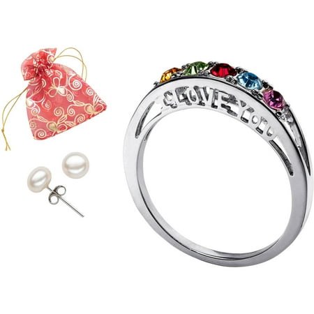Personalized Mother's Birthstone I Love You Ring with Bonus Pearl Earrings
