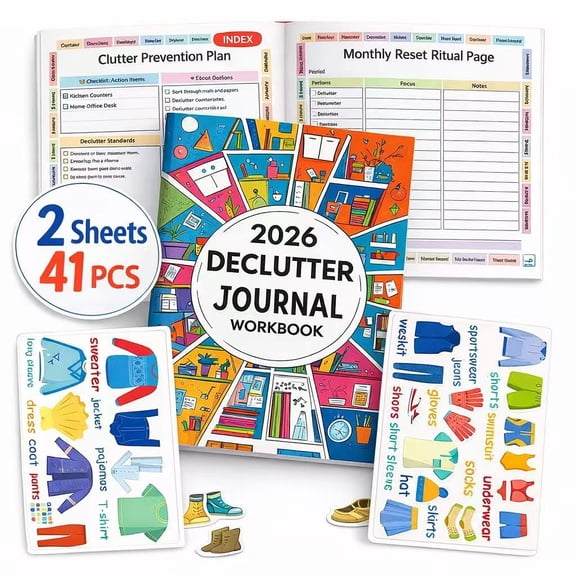 2026 Declutter Journal Workbook   41 PCS Wardrobe Labels, Home Organization Planner with Room-by-Room Checklists, Closet Organization Stickers, Monthly Reset Pages & Habit Tracker