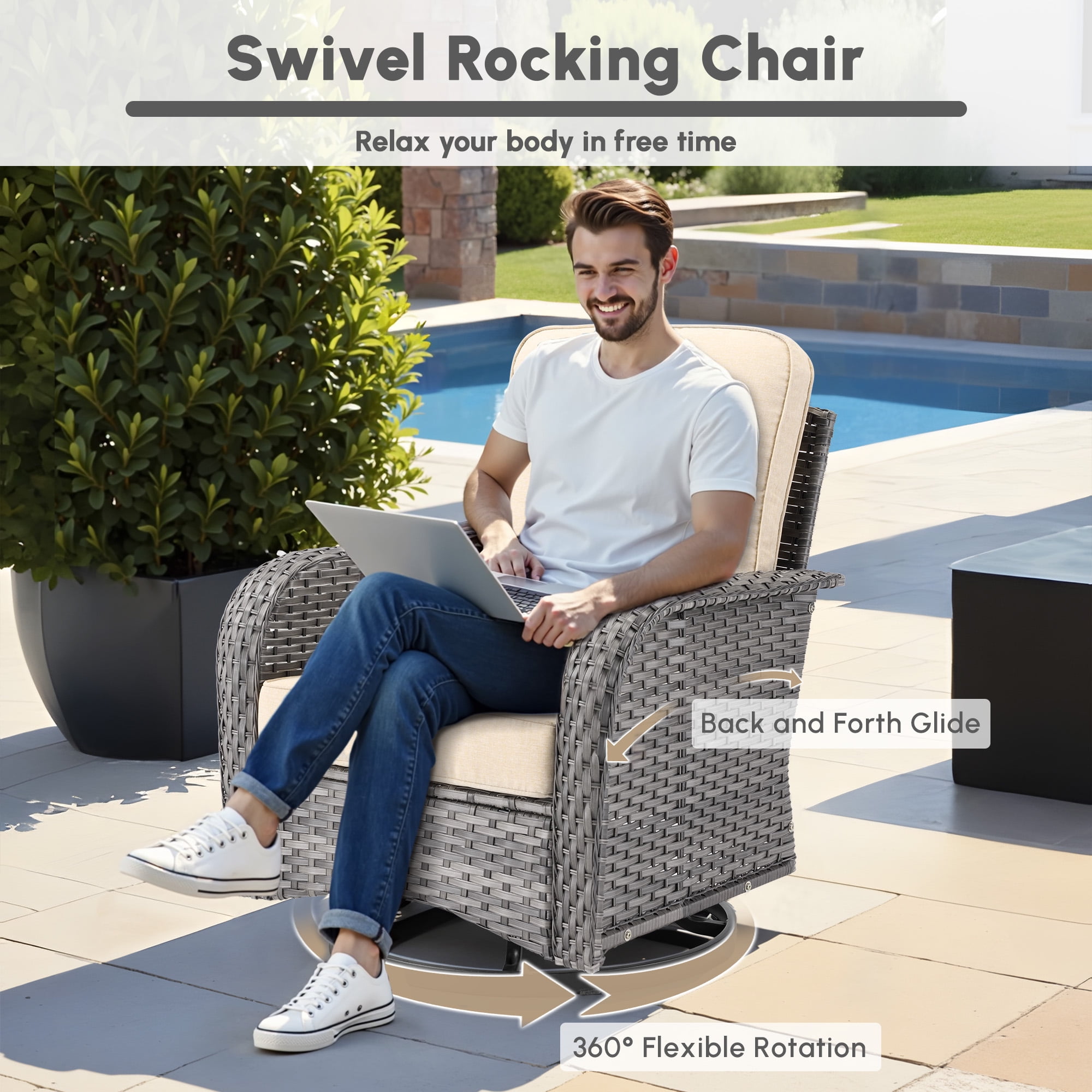 Ovios 9 Pieces Patio Furniture Set with Fire Pit Table Outdoor Conversation All-Weather Rattan Sectional Sofa with Swivel Chairs & Solar Light Table