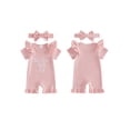 thumbnail image 2 of BemeyourBBs She‘s Here Baby Girls Spring Summer Fall Clothes Newborn Baby Girl Hospital Going Home Outfit Waffled Romper Bow Letter Print Ruffle Short Sleeve One Piece Jumpsuit with Headband, 2 of 9