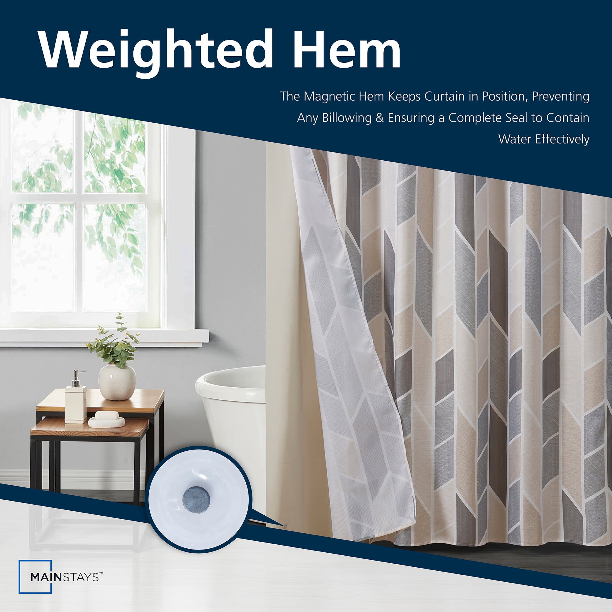 Mainstays 14 Piece Fabric Shower Curtain Set, PEVA Liner & Hooks, Natural Geometric 72" x 72"