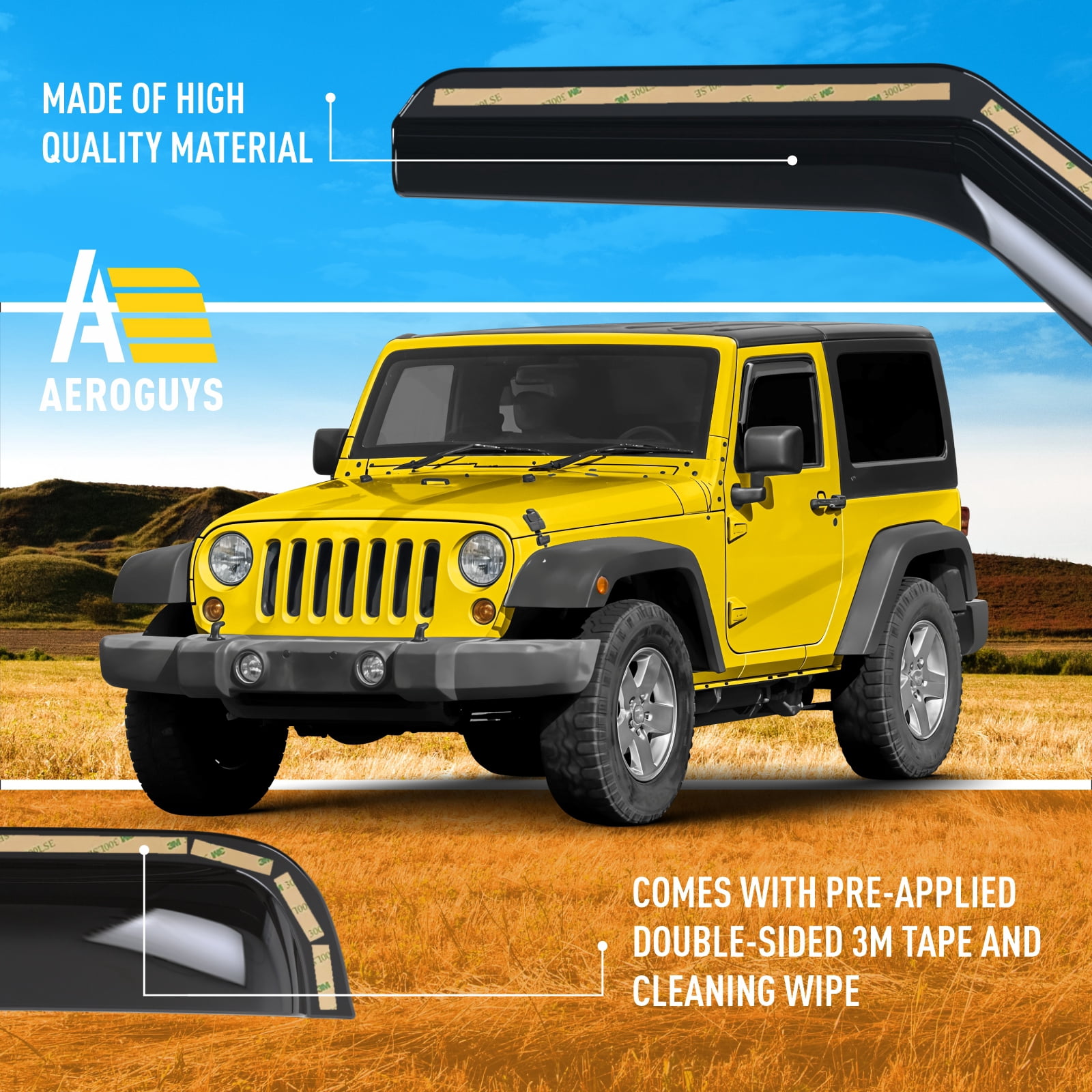 AEROGUYS In-Channel Window Deflectors Extra Durable Window Visors Rain Guards Fit for Jeep Wrangler JK 2-door 2007-2018, Sun Visors, Wind Vent Visors, Truck Accessories- 2pcs. AG0160