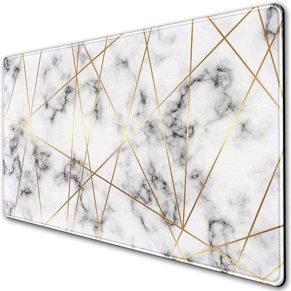 Grey Gold Line Marble Extended Gaming Mouse Pad XXL Desk Pad, Large Mousepad for Wireless Mouse (31.5x15.75 in), Big Keyboard Mouse Mat Non-Slip Rubber Base Mousepad with Stitched Edges