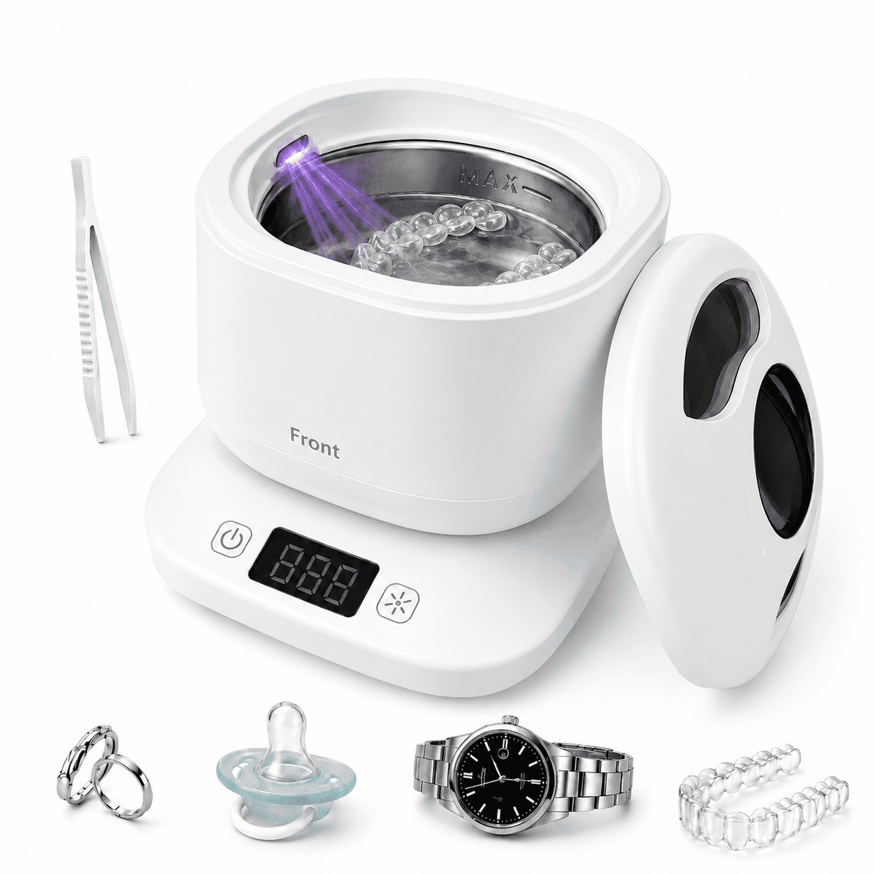 Ultrasonic Retainer Cleaner, 45kHz Retainer Cleaner Machine, Portable Dental Pod for Aligners, Mouth Guards, Jewelry, Dentures, Toothbrush Heads, White
