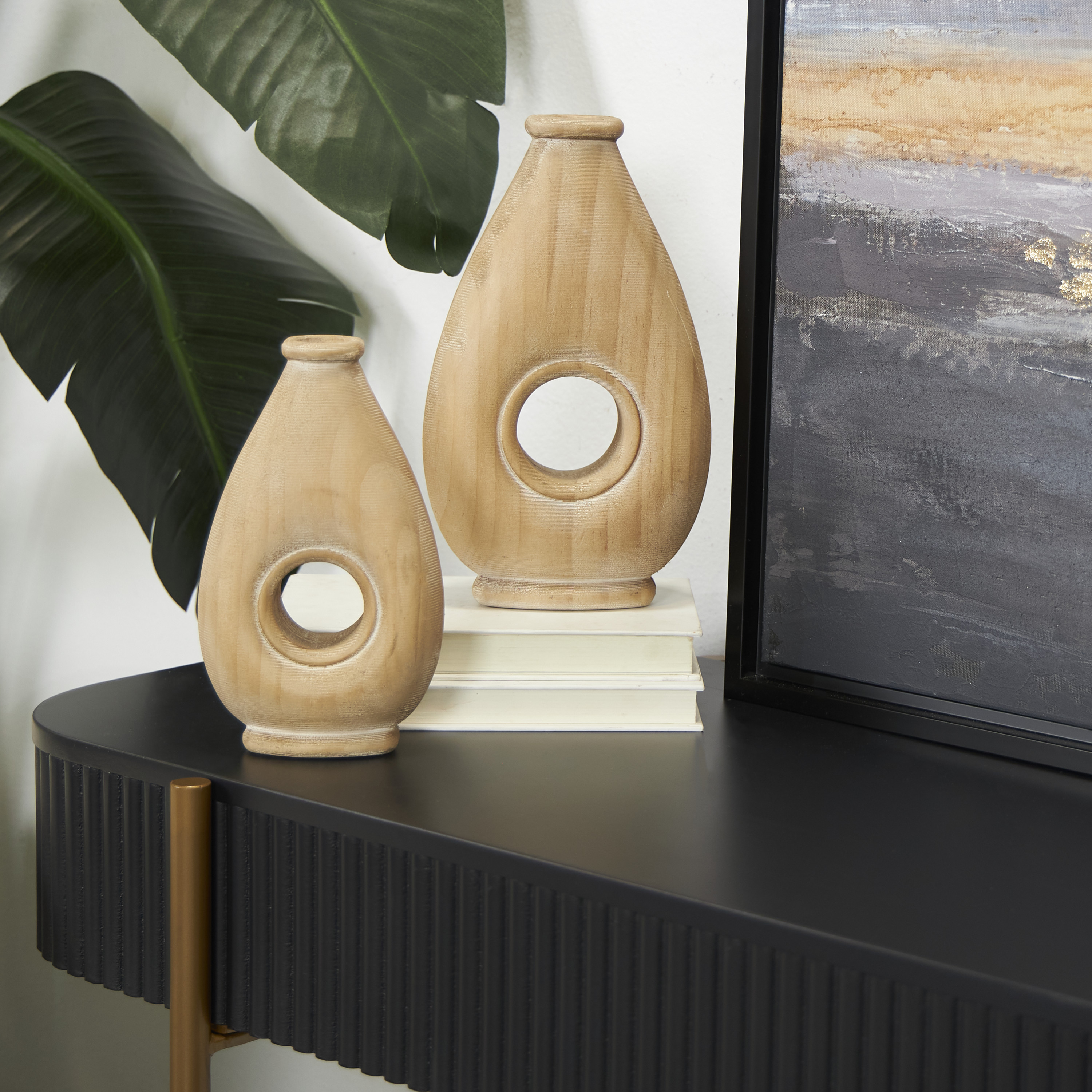 DecMode 10", 8"H Teardrop Brown Wood Vase with Cutout Center, Set of 2
