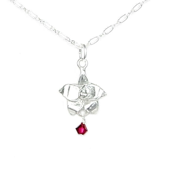 July Larkspur Flower Necklace with Birthstone Ruby Colored Crystal - Dainty Little Flower - Gift Packaged - Handcrafted Pewter Made in USA (18" chain length)