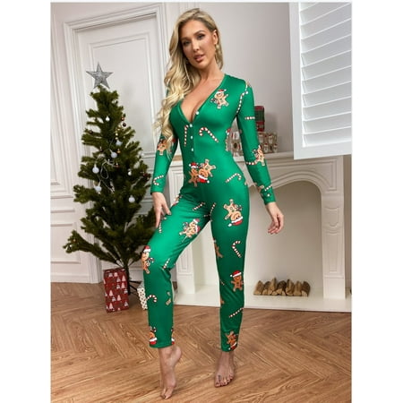 

XWQWJH Christmas Onesie for Women Hooded Jumpsuit Zipper Romper Sexy One Piece Pajamas Sleepwear