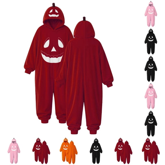 HNMKIU Pumpkin Hooded Onesie Pajamas, Loose Fit Halloween Homewear Soft Plush Unisex Cosplay For Night Party Red,XL