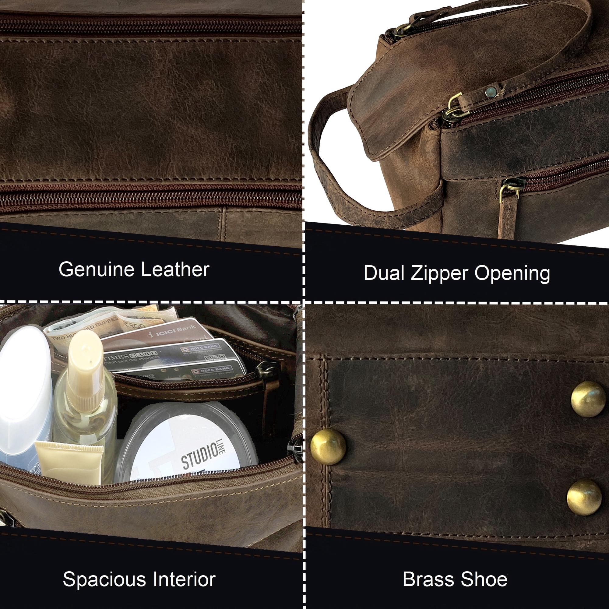Leather Toiletry Bag for Men Women Travel Dopp Kit Bathroom Shower Hygiene Bag Makeup Cosmetic Organizer Gift for Him Her by Rustic Town, Dark Brown