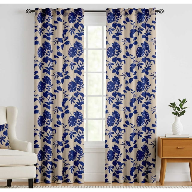 Vargottam Cotton Curtains for Windows - 3-in-1 Rod Pocket/Back Tab Short Window Drapes - Light Filtering Cotton Panels - Set of 2, 52"x63" - Vines Motif Design (Blue)