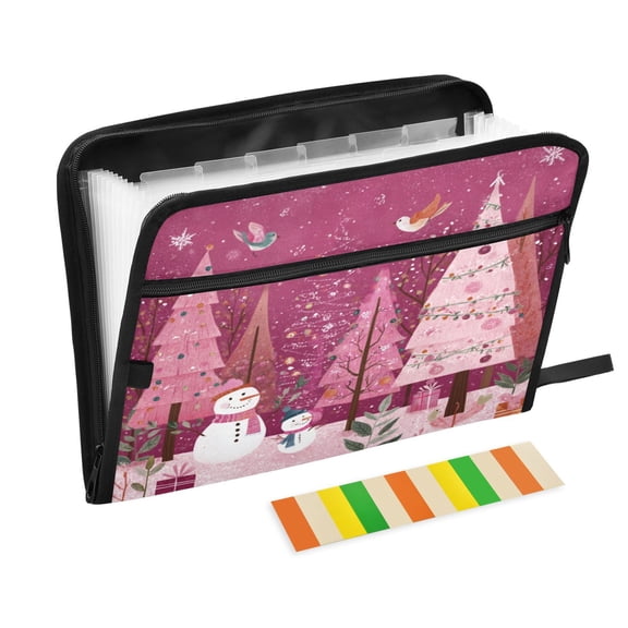 Accordion File Organizer with Zip Closure 13 Pockets Expanding File Folder Letter A4 Paper Document Organizer for Home Office Pink Christmas Forest