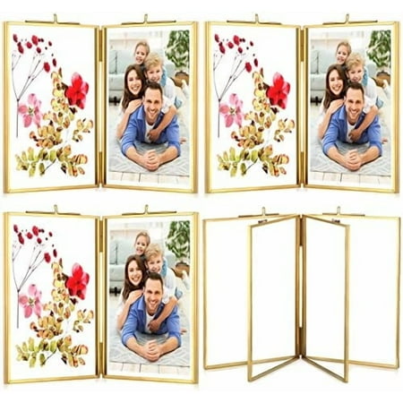 4 Pack 4x6 Inch Double Glass Picture Frame Gold Metal Pressed Photo Frames Hinged Brass Folding Picture Frames Vintage Artwork Display Frame for Pressed Flowers Artwork Certificate Plants Drawings