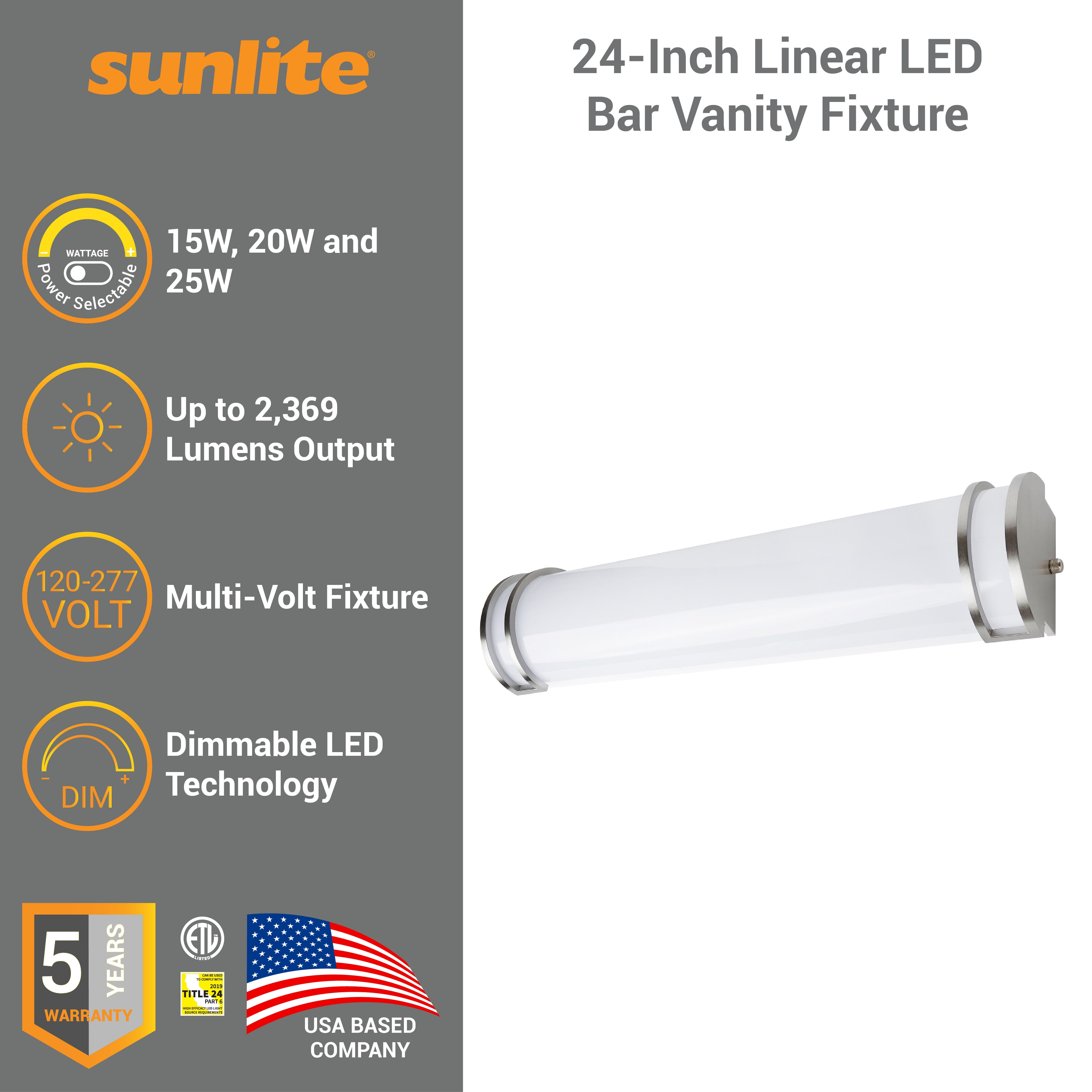 Sunlite 24-Inch Linear LED Bar Vanity Fixture, Power Selectable 15W/20W/25W, 100-277V, 2369 Lumens, Color Selectable 30K/40K/50K, 90 CRI, Dimmable, ETL Listed, Title-24 Compliant