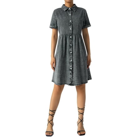

Livingsenburg Women Summer Denim Dress Solid Color Lapel Short Sleeve Buttons Casual One Piece for Ladies