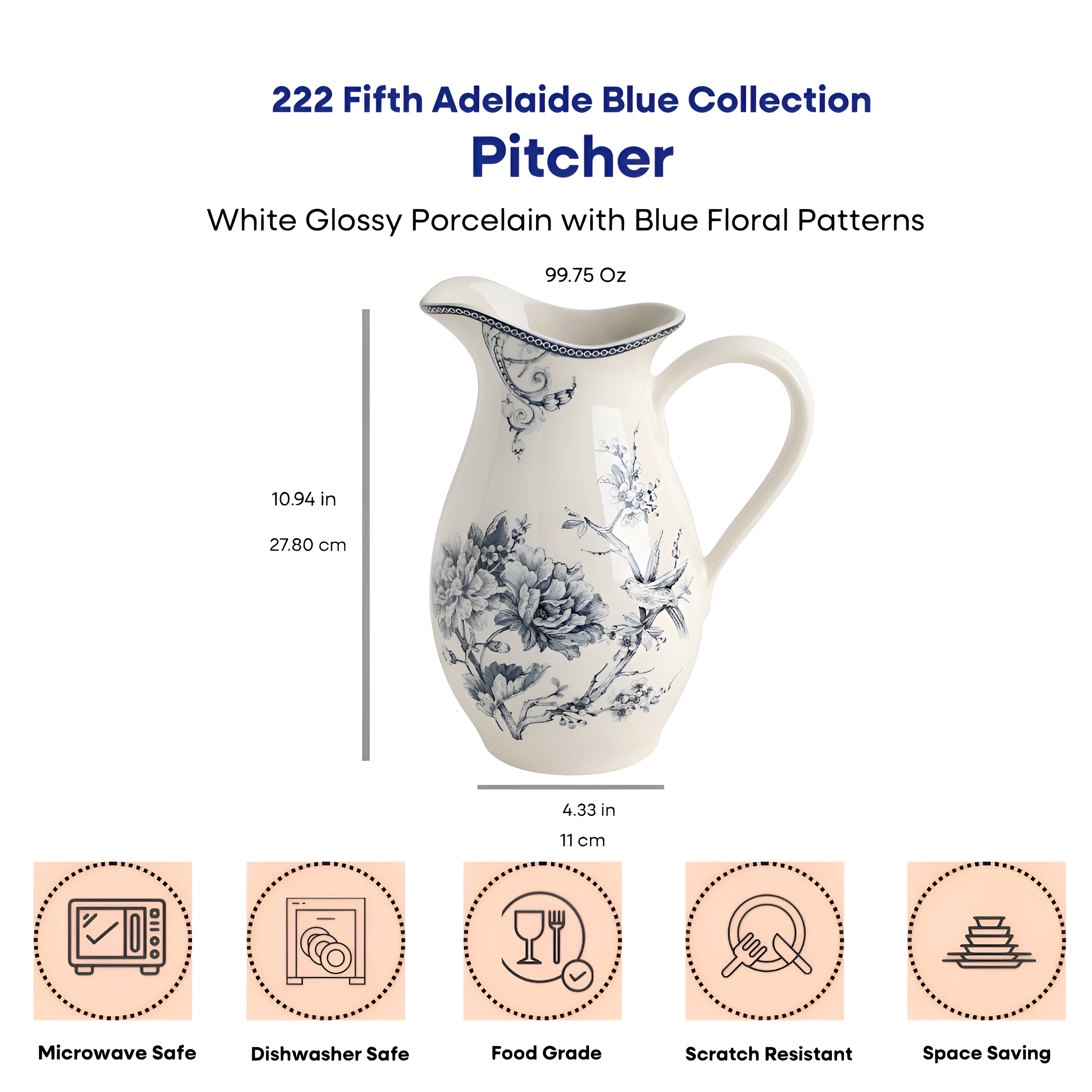 222 Fifth Adelaide Porcelain Pitcher, Blue & White Large Floral Vase, 100oz