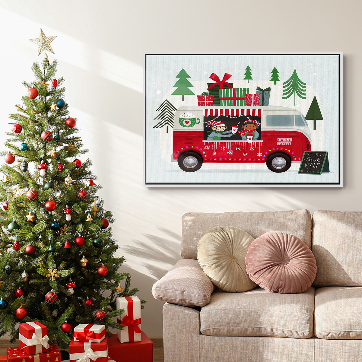 Santa's Foodtruck Collection A - Framed Gallery Wrapped Holiday Canvas - 27 x 41 - White Frame