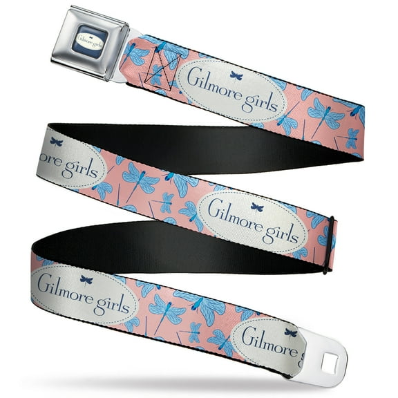 Warner Bros. Entertainment Inc. Belt, Seatbelt Buckle Belt, Gilmore Girls Title Logo and Dragon Flies Pink White Blues, 30 to 44 Inches