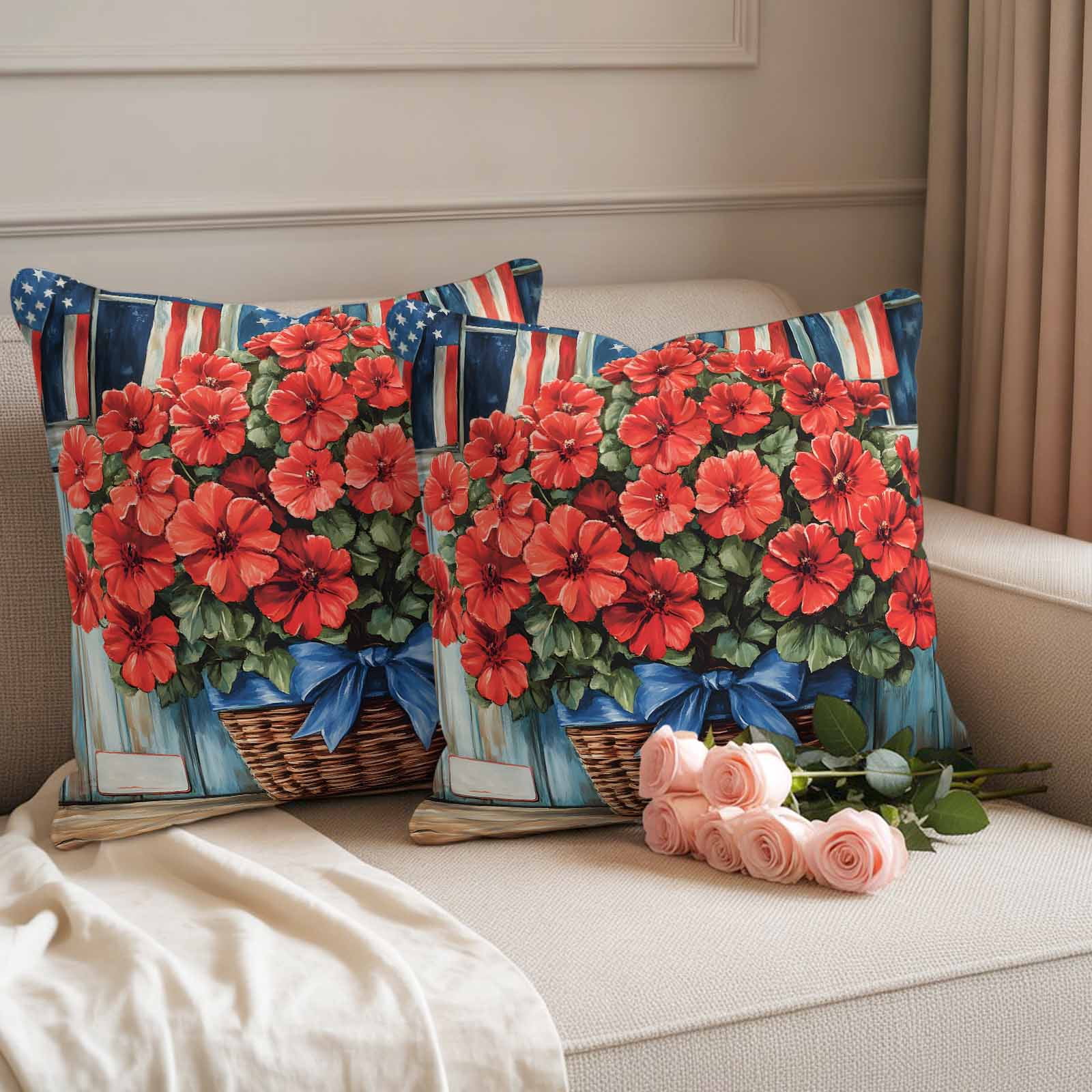 Begonia Flower Pillow Covers 2 Pack American Flag Retro Pillowcase Waterproof Outdoor Throw Pillow Cover for Patio Garden Square Cushion 26”x26”