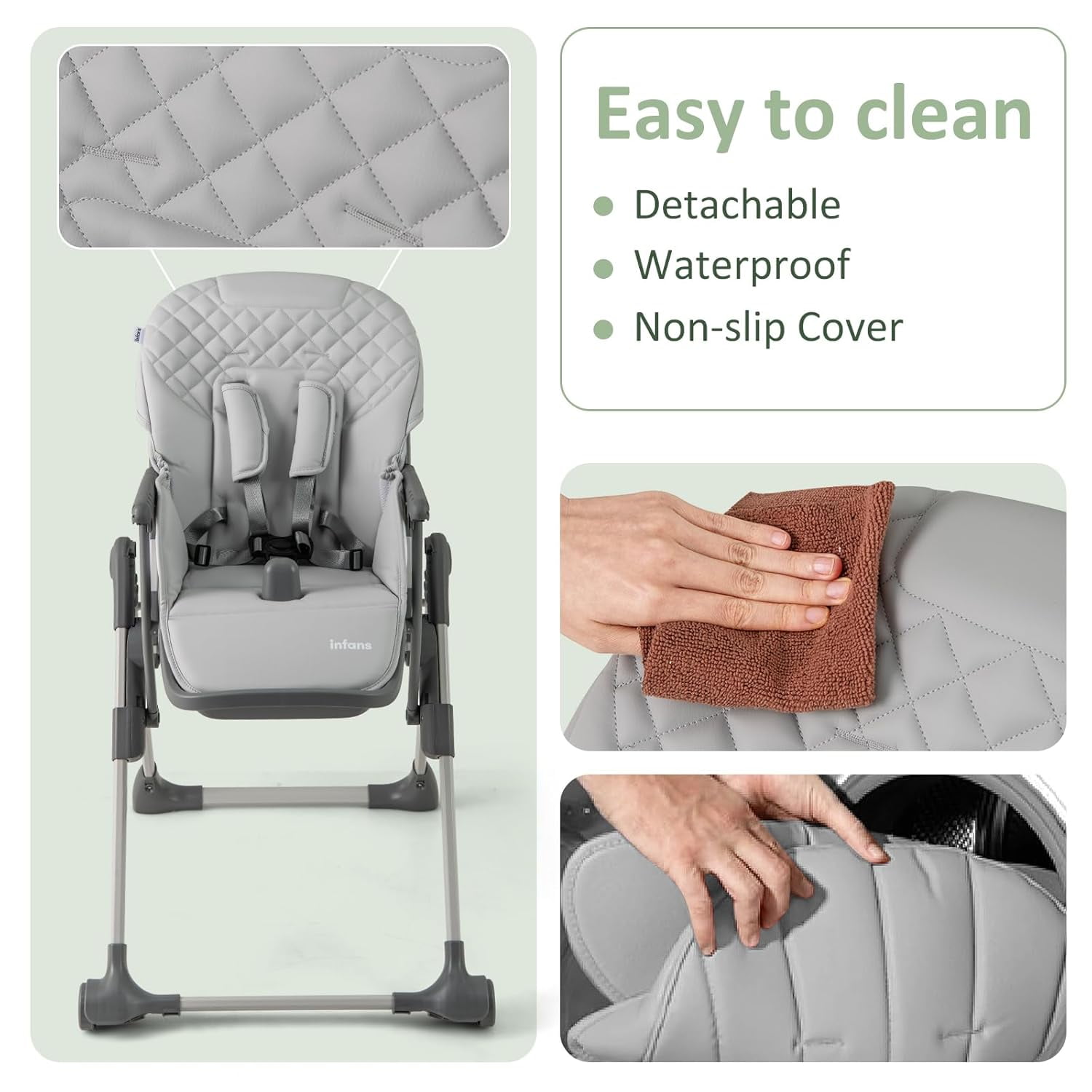 INFANS Baby High Chair, Convertible Quick Folding Portable Highchair for Babies and Toddlers with Adjustable Height Backrest Footrest 2 Wheels Removable Tray, Easy to Clean PU Seat