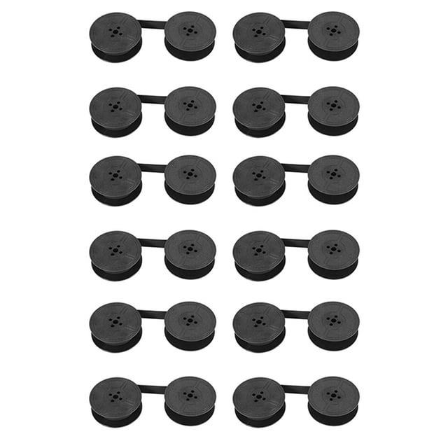 paquete de 12 cintas para máquina escribir, bobina doble, cinta para máquina de escribir negra, 12 pares de carretes conectados en filas, vista frontal, repuesto compatible con la mayoría de máquinas de escribir, fácil de reemplazar para uso de oficina; también suele usarse para restauraciones y proyectos de maquinaria vintage.