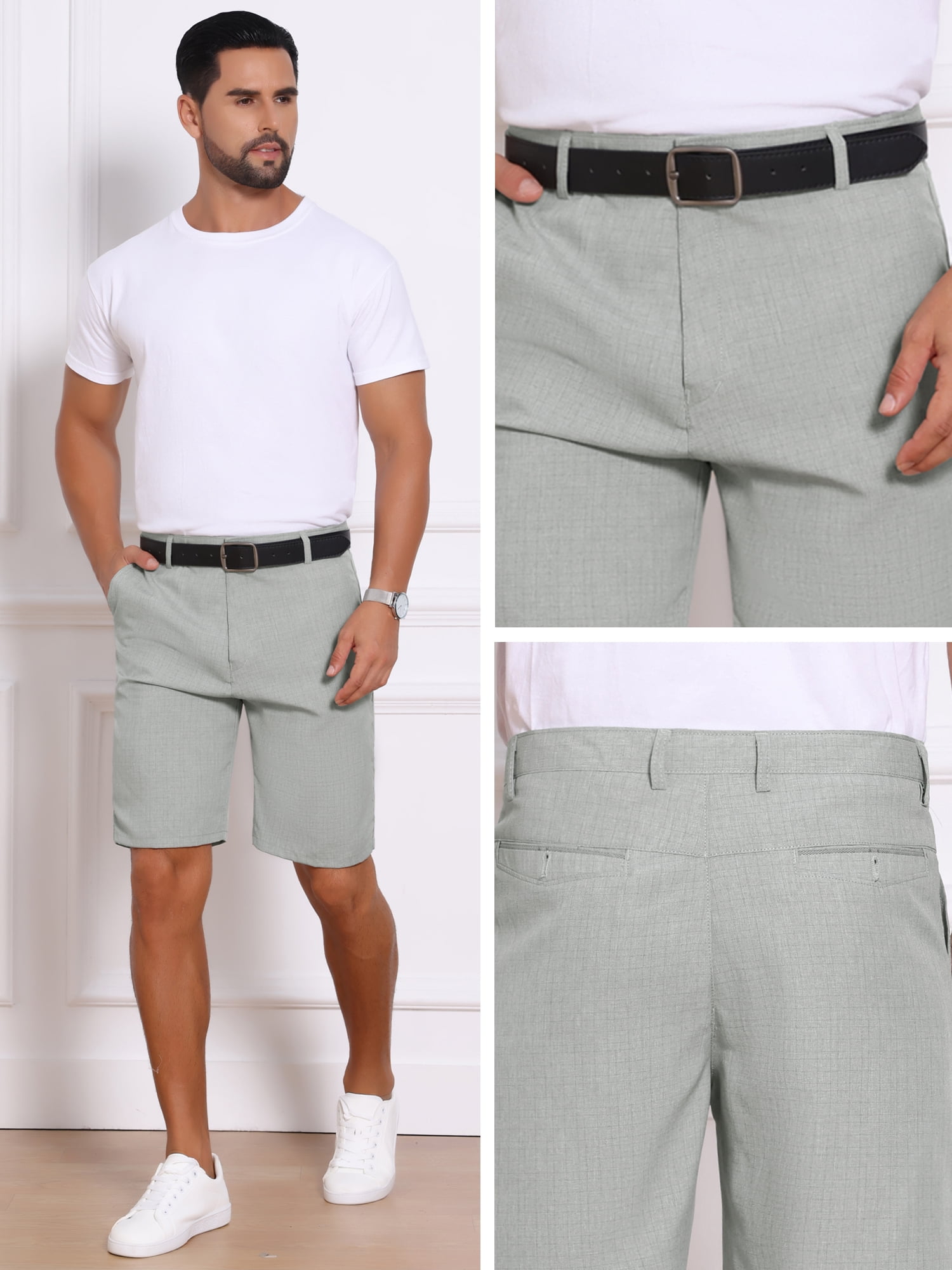 DARING DIVA Men's Above Knee Formal Linen Texture Shorts Pants with Pockets 36 Light Gray