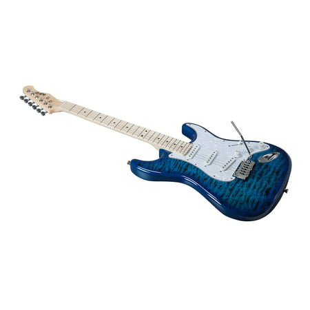 Monoprice Indio Cali DLX Quilted Maple Top Electric Guitar with Gig Bag Blue Aqua