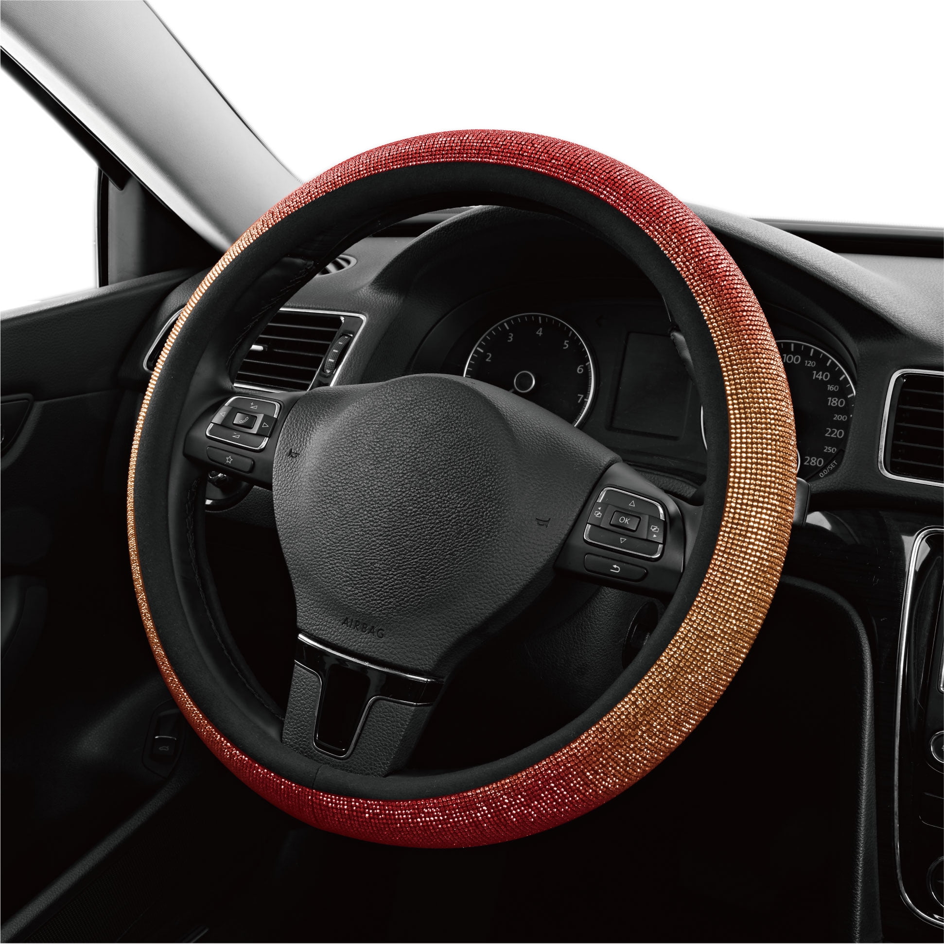 Auto Drive Bling Diamond Steering Wheel Cover, Sparkly Crystal Grip, Universal Fit for Cars,SUVs Orange Red