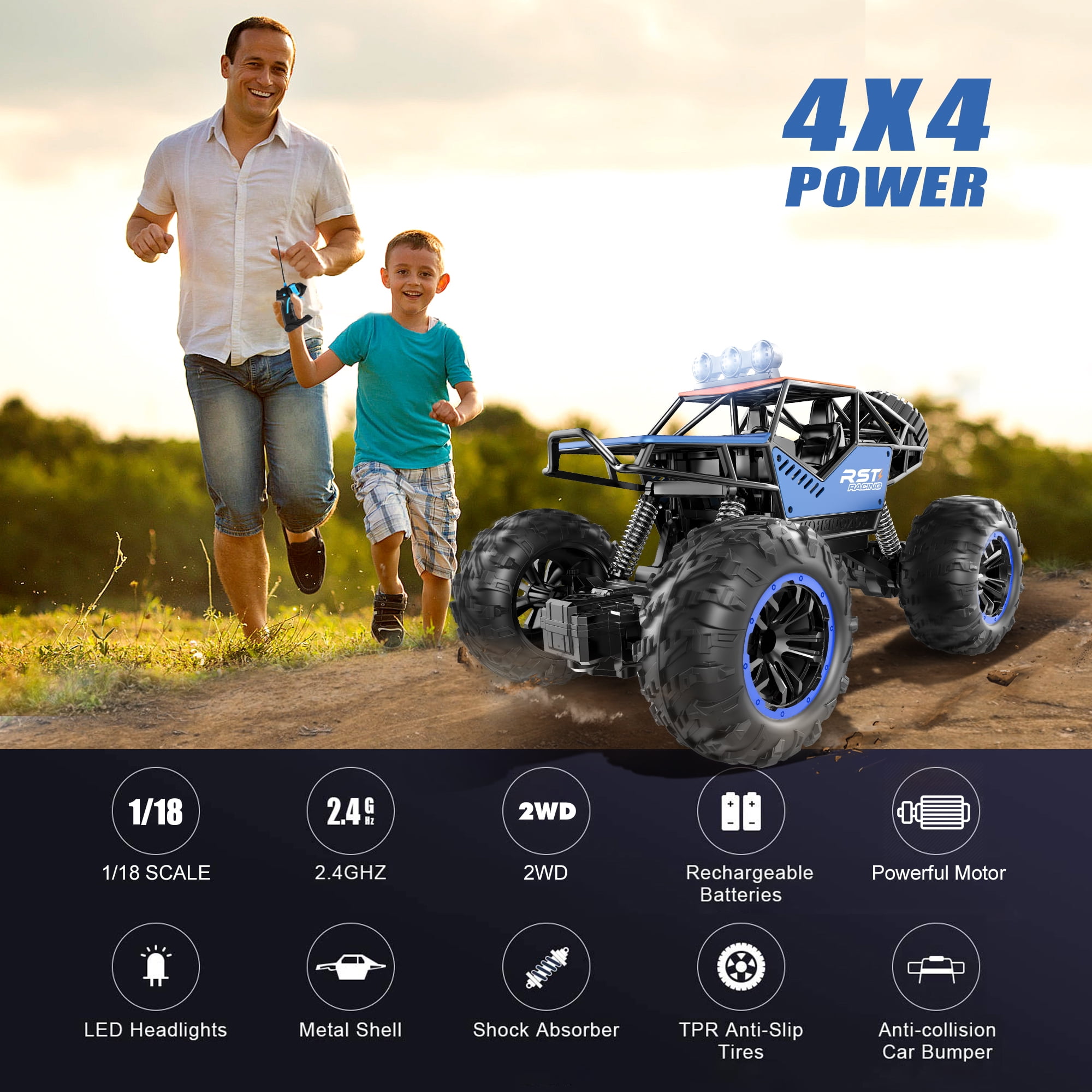 Carsky Blue Remote Control Cars 1:18, All Terrain Metal Shell 4X4 Off-Road Vehicle Monster Truck, High Speed 2.4 GHz RC Car, Christmas Birthday Gift Outdoor Toys for Kids 6+ & Adults