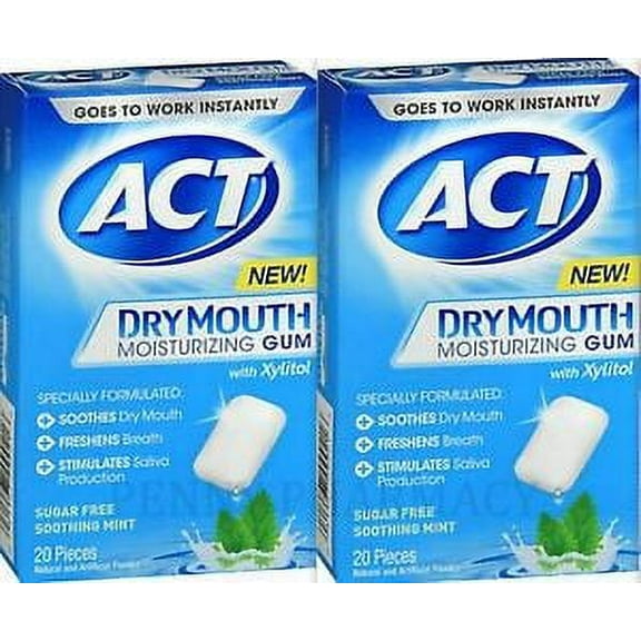 ACT Dry Mouth GUM w/ XYLITOL Sugar-Free, Mint, 20 ct ( 2 boxes )