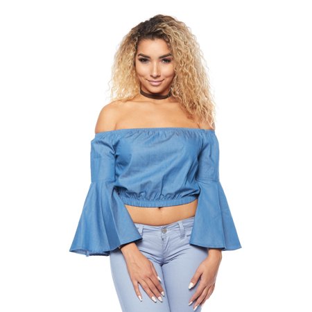 - Womens Off Shoulder Denim Bell Sleeves Crop Top Blouse MT60270