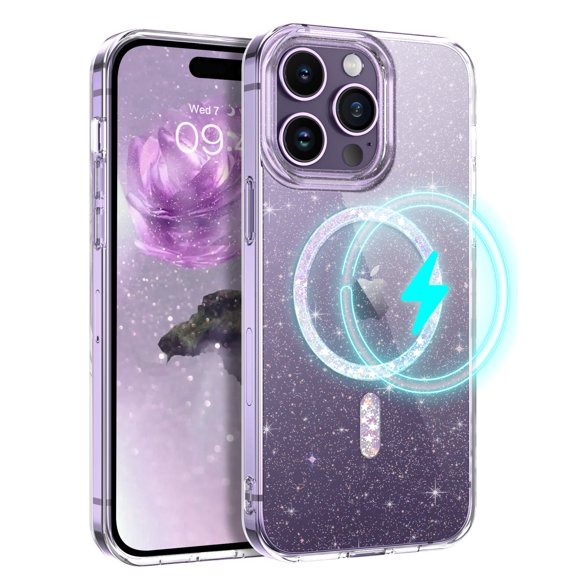 YINLAI iPhone 14 Pro Max Case Compatible with Mag-safe 6.7",Glitter Sparkle Slim Tpu Transparent Shockproof Protective Case for iPhone 14 Pro Max,Clear