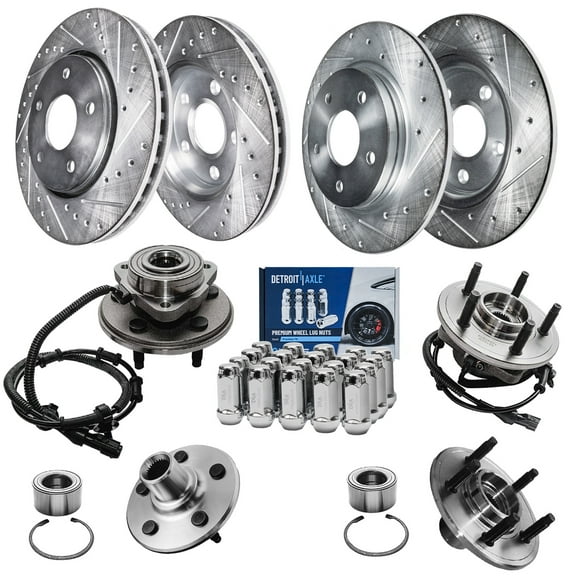 Detroit Axle - Brake Kit for 2002-2005 Ford Explorer Mercury Mountaineer, Front & Rear Drilled & Slotted Disc Brake Rotors Wheel Bearing & Hubs Wheel Lug Nuts 2003 2004 Replacement