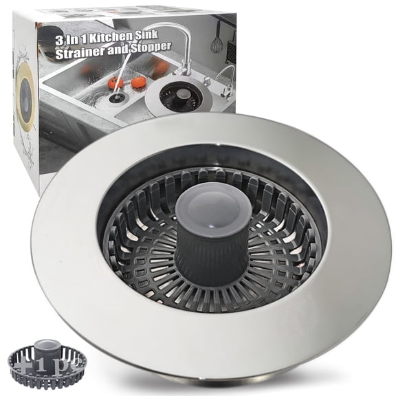 AWzzz Kitchen Sink Drain Strainer, 3 in 1 Pop up Kitchen Sink Stopper, with an Extra Basket Strainer, Universal for US Standard 3-1/2 inch, ABS and Brass. Chrome