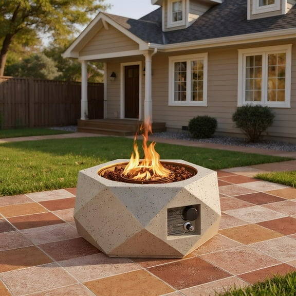 Topcobe 40000 BTU 28 Inch Hexagon Terrazzo Propane Fire Pit Table with Stainless Steel Burner, Outdoor Patio Furniture for Garden Backyard Pool Deck