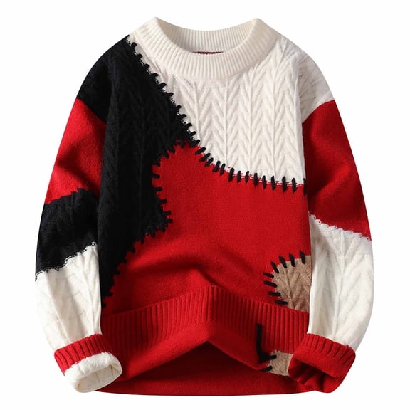 Wyobmus Long Sleeve Sweaters for Men Crewneck Color Blocking Versatile Cable Knit Pullover Sweater Jumper Red