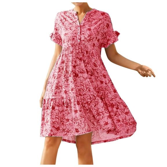 Summer Saving Wycnly Sundresses for Women Short Sleeve V-Neck Floral Knee-Length Dresses Flowy Ruffle Swing Beach Boho Button Down Midi Summer Dress Red Up to 65% off