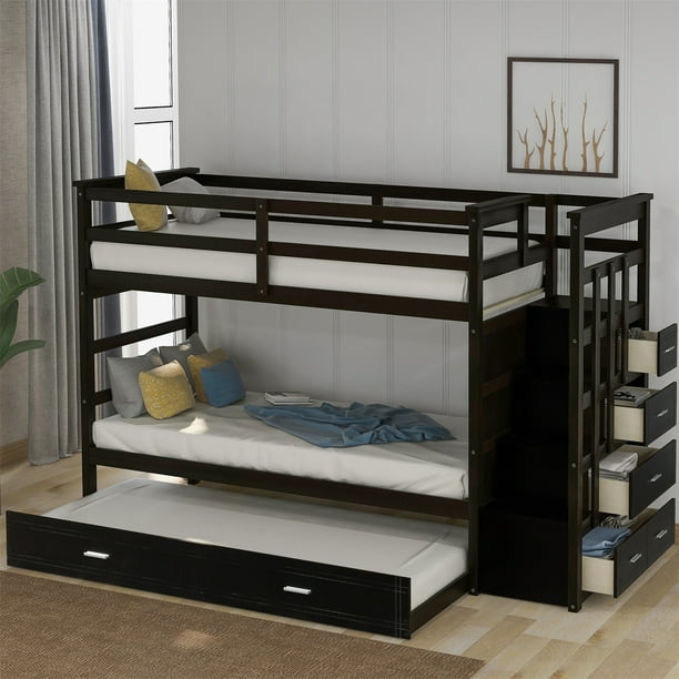 Four Drawer Solid Wood Bunk Bed Frame, Four Bunk Bed With Trundle