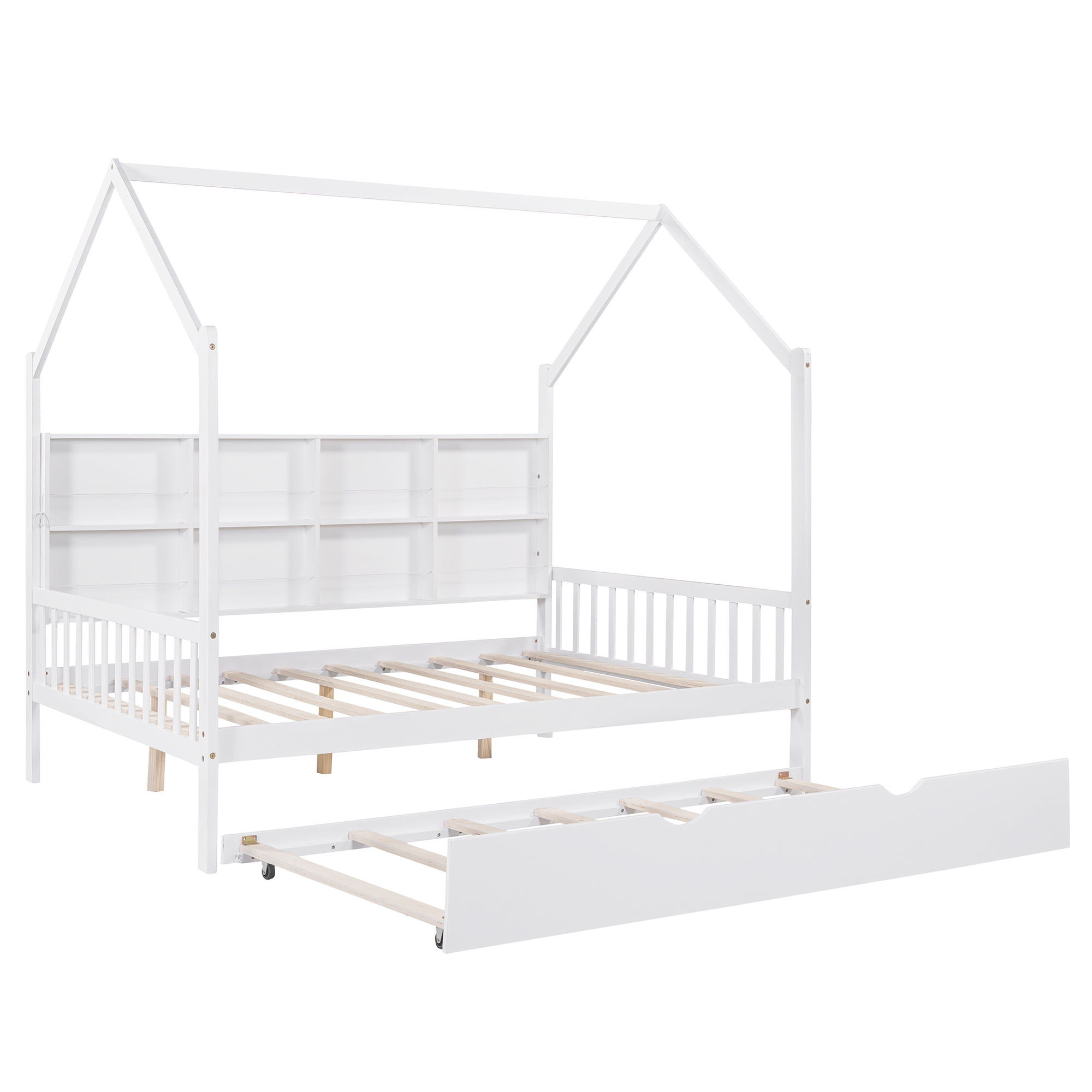 Gewnee Full House Bed with Trundle and Storage Shelves, Wood Playhouse Bed with Roof for Kids,White