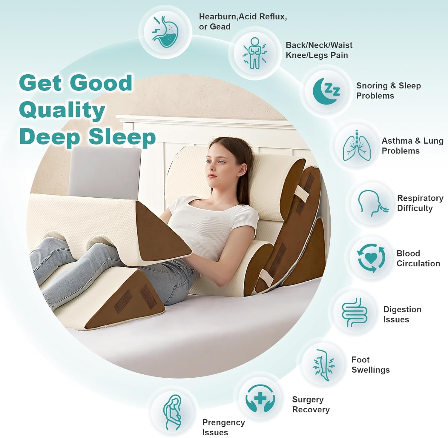 6PCS Orthopedic Bed Wedge Pillow for Sleeping, Adjustable Post Surgery Pillow Set for Body, Back and Leg Pain Relief, Memory Foam Support Pillows for After Surgery, Beige