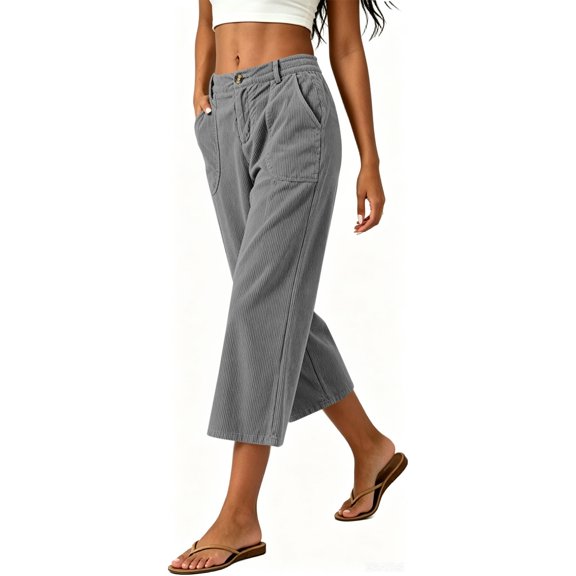 TEAJOPSUU Women's Corduroy Capris Soft Wide Leg Button Fly Cropped Palazzo Pants with Pockets Comfy Solid Casual Trousers for Everyday Fall Gray