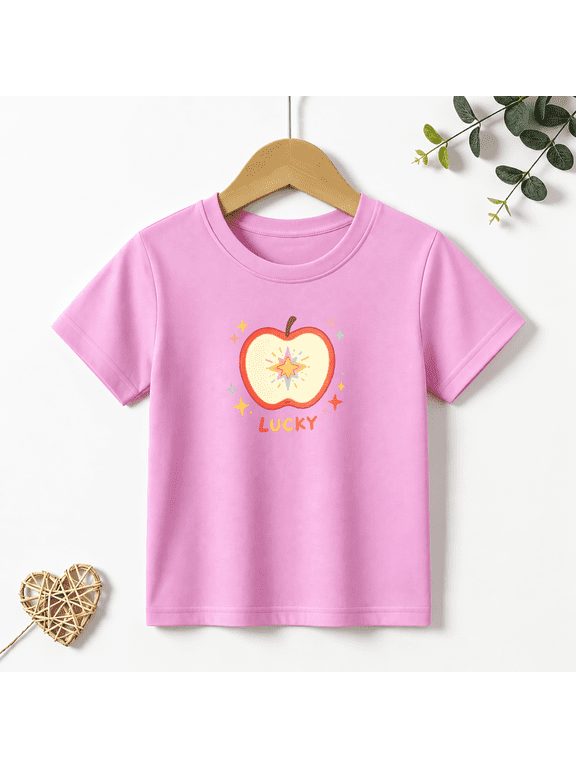 Girls Graphic Tees Cute Apple Fruit Kids T Shirt Lucky Summer 100% Cotton Short Sleeve Soft Tops 4-13Y