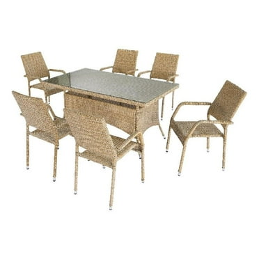Pemberly Row 7-Piece Rattan & Glass Patio Dining Set in Natural