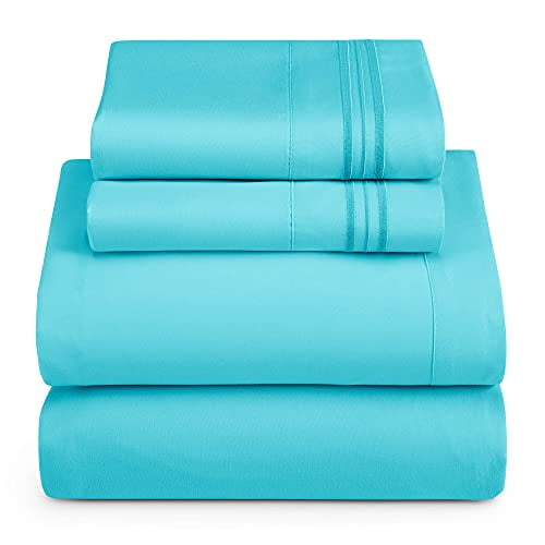 Draps Courts Taille Grand pour VR - Ensemble de Draps 4 Pcs, Draps de Lit de Luxe d'Hôtel Double Brossés - Draps et Taies d'Oreiller Extra Doux, Court Grand, Bleu Plage