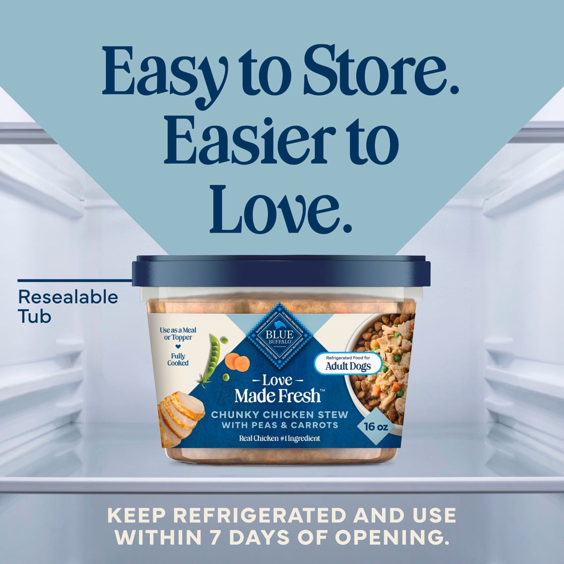 (4 pack) Blue Buffalo Love Made Fresh Dog Food, Refrigerated, Chunky Chicken Stew, 1-lb Tub